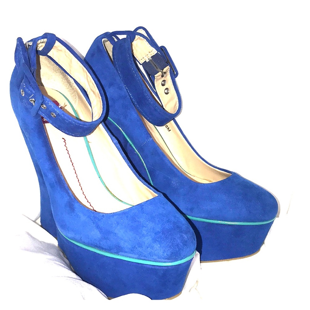 Blue suede platform heels